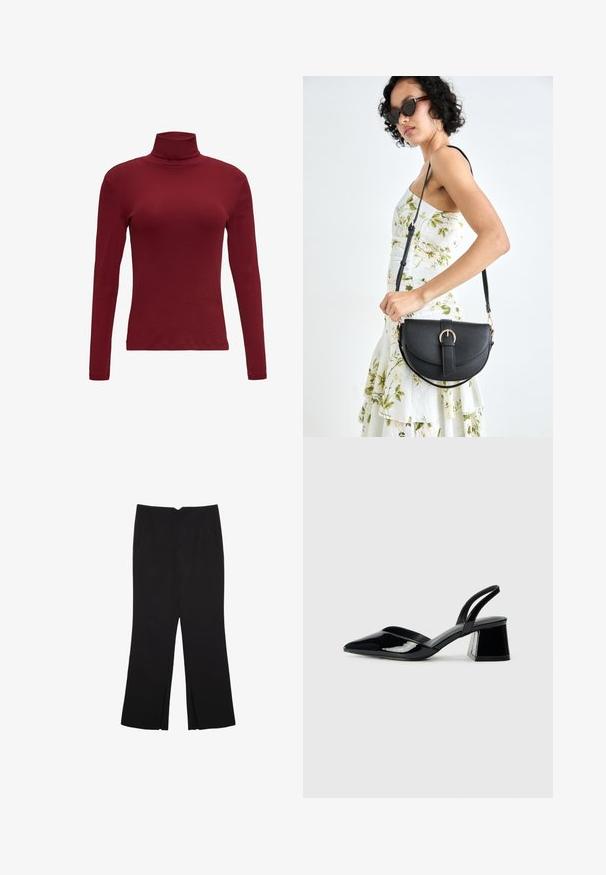 Burgunderfarbener Langarmrollkragen aus weichem Baumwollstoff mit einer figurbetonten Silhouette und einer dezenten Rippstruktur am Kragen.; Schwarze Hose mit geradem Schnitt, ausgestattet mit Fronttaschen und Seitenschlitzen am Saum. Hergestellt aus weichem, glattem Stoff. Geeignet für verschiedene Anlässe.; Schwarze Lackleder-Slingback-High Heels mit spitzem Schuh und einem geometrischen Blockabsatz. Verfügt über ein schlankes, minimalistisches Design und eine glatte Textur.; Schwarze Lederhandtasche mit geschwungener Form, abnehmbarem Tragegurt und goldenen Beschlägen. Die Tasche verfügt über einen Deckel mit einer Schnallen-Details.