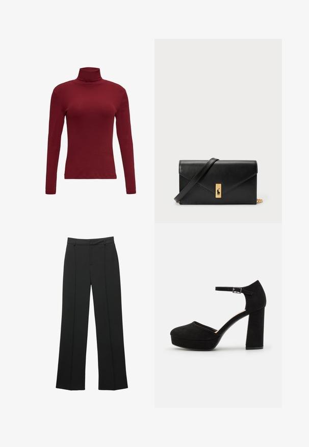 Burgunderfarbener Langarmrollkragen aus weichem Baumwollstoff mit einer figurbetonten Silhouette und einer dezenten Rippstruktur am Kragen.; Schwarze hochtaillierte weit geschnittene Hosen mit Gürtelschlaufen und einer vorderen Nahtdetails, auf einem weißen Hintergrund präsentiert.; Schwarze Wildleder-Plattformabsätze mit einem dicken Blockabsatz, runder Zehenpartie und einem Knöchelriemen, der mit einer Metallschnalle gesichert ist. Glatte Oberfläche über das gesamte Schuhwerk.; Schwarze Leder-Geldbörse mit Klappverschluss, goldfarbener Hardware und Logo-Akzent. Inklusive abnehmbarem Trageriemen.