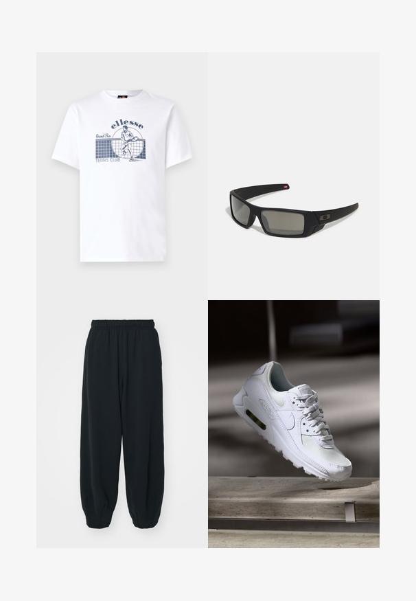 Balta medvilnės marškinėlė su mėlynu piešiniu, vaizduojančiu tenisininką, ant kurio užrašai "ellesse", "Grand Prix" ir "TENNIS CLUB" mėlynu šriftu.; Juodi, su elastiniu juosmeniu sportiniai kelnės su laisvu siluetu, suapvalintais kulkšnimis, lygia tekstūra ir be matomų raštų ar metalinių akcentų.; Baltos Nike Air Max 90 sportbačiai su.comi ir odos viršumi, perforuota pirštų dėžute ir matomu oro pagalvėle kulne.; Juodi akiniai saulės su matinio paviršiaus užbaigimu, stačiakampiai lęšiai, švelnus lenkimas ant šventyklų, subtilus logotipo detalizavimas ir dūminiai lęšiai.