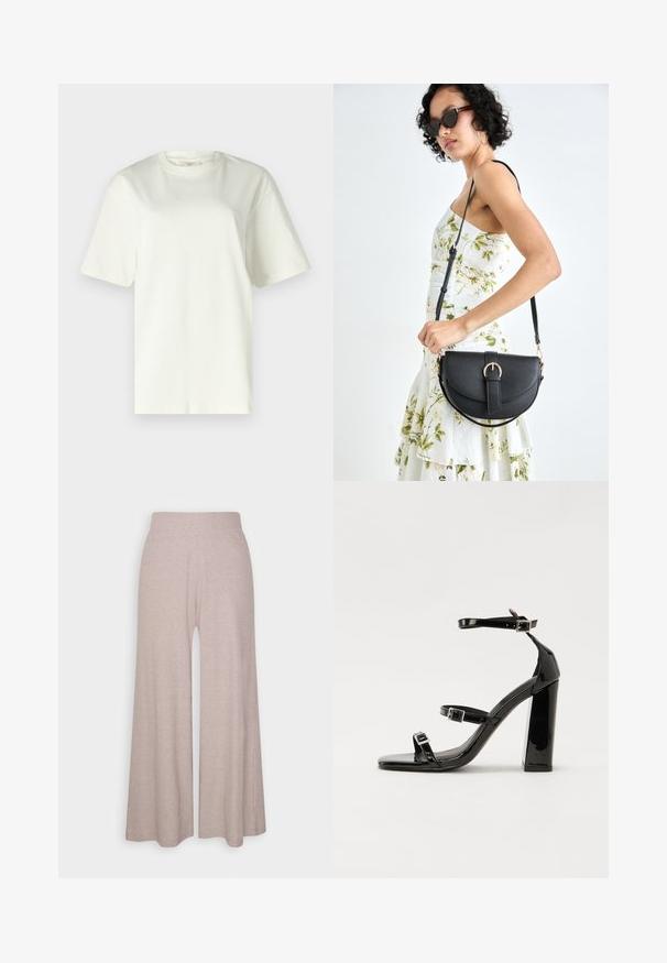 Biely bavlnený tričko s krátkymi rukávmi, okrúhlym výstrihom, voľným strihom, hladkou štruktúrou a bez viditeľných vzorov alebo hardvéru.; Svetlo šedé široké nohavice vyrobené z mäkkej ribovaného materiálu, s vysokým pásom a dlhými nohami s jemnou textúrou.; Čierne lakované sandále na podpätku so štvorcovou špičkou, navlečenými remienkami okolo členku a striebornými prackami. Disponujú masívnym blokovým podpätkom pre stabilitu.; Čierna kožená kabelka s zaobleným tvarom, odnímateľným popruhom a zlatými doplnkami. Kabelka má klopu s detailom s prackou.