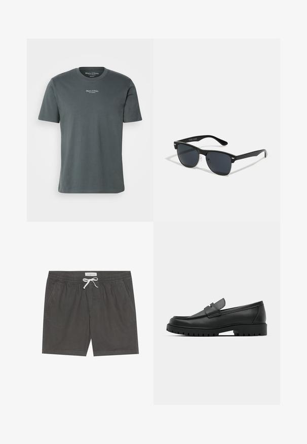 Temno siva bombažna majica s krožnim izrezom, kratkimi rokavi in majhnim belim logotipom, natisnjenim blizu prsnega predela. Gladka tekstura.; Sive kopalke iz mehkega materiala, z elastičnim pasom in belim vrvico, z obrobljenimi detajli in stranskimi žepi.; Črne usnjene loafers čevlje z zaobljenim nosom, ki imajo šivano zasnovo, nizko platformo in teksturiran, profiliran gumijast podplat.; Črne sončne naočare pravokotne oblike, temna leča, srebrni detajli na ušesih in mat površina na okvirju.