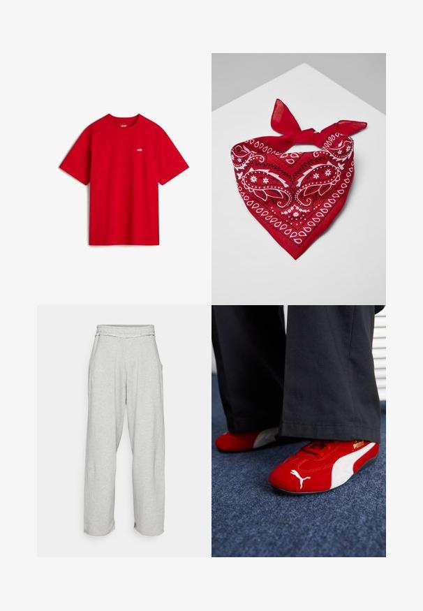 Rød bomulds T-shirt med korte ærmer, rund udskæring og et lille hvidt "VANS" logo på brystet. Glat tekstur og enkelt design.; Lys grå, brede sweatpants med elastisk talje og sidelommer. Blød tekstur med frynsede sømdetaljer ved benåbningerne.; Røde ruskindsnikers med hvide accenter, der har struktureret materiale, rund tå og et guld logo på siden, båret med sorte bukser.; Rød bomuldsbandana med paisley-mønstre i hvid, med en trekantet form og en fremhævet knude øverst.