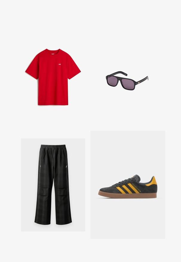 Red cotton t-shirt with short sleeves, round neckline, and a small white "VANS" logo on the chest. Smooth texture and simple design.; Black plaid pants featuring an elastic waistband, two front pockets, and a loose fit with a straight leg design. Made from lightweight material.; Black suede sneaker with yellow accents, featuring three stripes and a brown rubber sole. Includes a padded tongue for comfort.; Black sunglasses with a square frame, dark lenses, and a gold logo accent on the arm. Smooth plastic material with a matte finish.