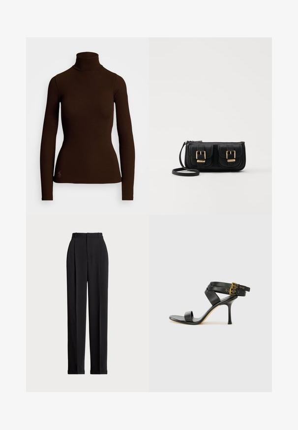 Polo Ralph Lauren STRETCH RIBBED TURTLENECK - Långärmad tröja - circuit brown; Svarta skräddarsydda byxor med hög midja, med veck framtill, rak bendesign och uppvikte nederdelar. Tillverkade av ett slätt tyg.; Svart klack-sandal med korsade remmar och justerbar spänne. Har en slät textur och en taperad stilettklack.; Svart läderaxelväska med två framfickor, guldspännen, dragkedjestängning och en smal rem. Texturerad yta och kompakt rektangulär form.