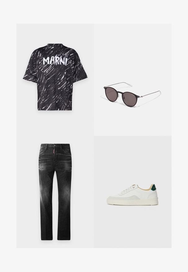 Marni Marškinėliai su spaudiniu - black; Juodi džinsai su tiesiu kirpimu. Spalvoti svyrantys plotai, šiek tiek sugadinti, klasikinis penkių kišenių dizainas ir mygtuko uždarymas.; Baltos sportbačiai su zomšos akcentais, apvaliu nosiu, plokščiais raišteliais ir kreminės spalvos guminiu padu. Ant kulno yra žalia ženklinimo detalė.; Juodos apvalios saulės akinių su tamsiais lęšiais ir plonomis metalinėmis šakomis. Įtraukti skaidrūs šventyklų galai ir sidabriniai akcentai vyrio srityje. Minimalistinis dizainas.