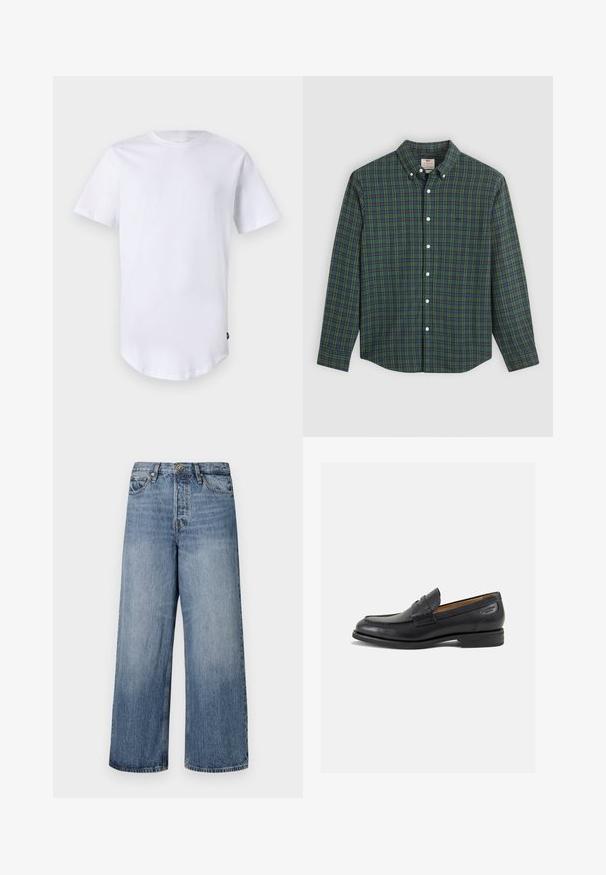Weißes T-Shirt mit kurzen Ärmeln aus Baumwolle. Rundhalsausschnitt mit abgerundetem Saum. Etikett auf der unteren linken Seite sichtbar. Glatte Textur.; Langarm-Hemd mit grün-blau-gelbem Karomuster, weißen Knöpfen und einem geknöpften Kragen.; Weite blaue Denim-Jeans mit einer ausgewaschenen Optik, Fünf-Taschen-Design und einer Knopfverschluss. Ausgestattet mit Gürtelschlaufen und gestickten Details.; Schwarze Leder Slipper mit glatter Oberfläche, runder Spitze und dekorativer Naht auf dem Vorderblatt. Niedriger Blockabsatz und leichter Glanz.