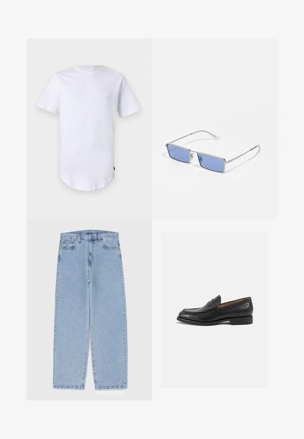 White short-sleeve t-shirt made of cotton. Crew neck design with a curved hem. Tag visible on the lower left side. Smooth texture.; Light blue denim jeans with straight leg design, featuring a mid-rise waist, five pockets, and a button and zipper closure.; Black leather loafers with a smooth finish, rounded toe, and decorative stitching on the vamp. Low stacked heel and slight shine.; Metal sunglasses with a rectangular shape, blue tinted lenses, and silver frame. Features nose pads and thin, straight temple arms.