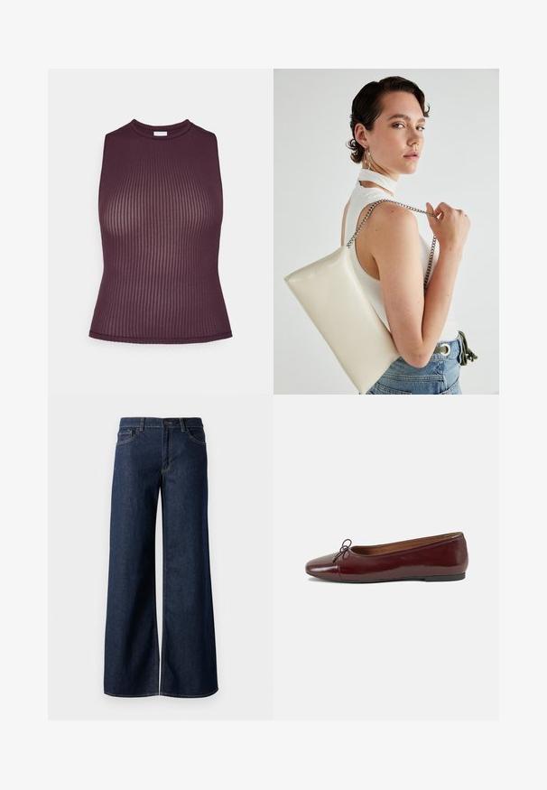 Burgundin värinen ribbikuvioinen ilmanhiha toppi, jossa on korkea kaula-aukko, vartalonmyötäinen muotoilu ja sileä pinta. Sisältää siistin, viimeistellyn helman.; Suorat lahkeet farkut tummansinisestä denimmistä. Ominaisuuksiin kuuluvat kontrastiväriset ompeleet, viisi taskua ja nappisuljenta vyötäröllä. Sileä pinta.; Burgundin värinen lakattu nahkainen ballerinatossu pyöreällä varvaskärjellä, pienen nauhan yksityiskohdalla edessä ja matalalla mustalla kumipohjalla. Sujuva pinta.; Valkoinen suorakulmainen clutch-laukku, joka on valmistettu kiiltävästä materiaalista ja jossa on hopeinen ketjuolkahihna. Malli poseeraa laukku käsivarsillaan yksinkertaista taustaa vasten.