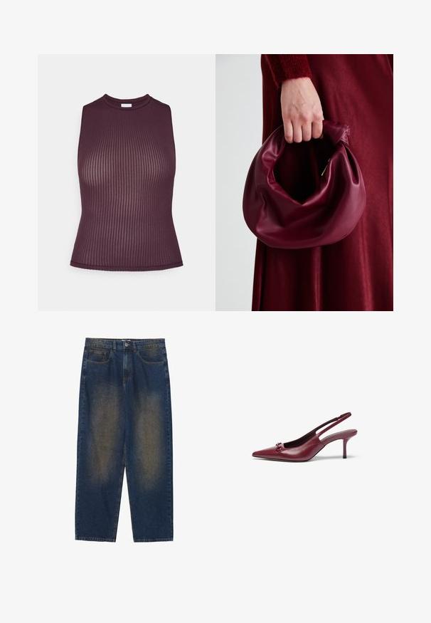 Bordeaux geribbelde mouwloze top met een hoge halslijn, aansluitend ontwerp en een zachte textuur. Heeft een nette, afgewerkte zoom.; Blauwe denimbroek met een ontspannen pasvorm, middelmatige wassing, vijf zakken, knoopsluiting en licht vervaagde delen aan de voorkant.; Bordeaux slingback hakken met een spits neu, gemaakt van leer. Heeft een decoratieve accent op de wreef en een 7,5 cm stilettohak.; Bordeaux leren handtas met een zacht, gegathered ontwerp en een ronde vorm. De handgreep is stevig bevestigd en toont een gladde textuur.