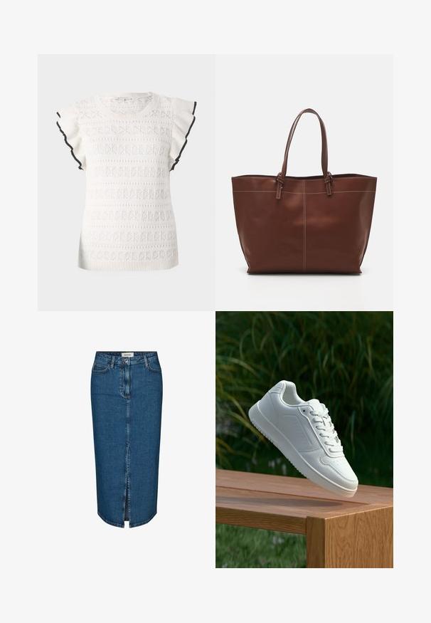 Haut en tricot blanc avec un motif texturé et des manches volantes. Accentué par une bordure noire le long des bords des manches.; Jupe crayon en denim bleu foncé, avec une fente avant, cinq poches et des coutures contrastées. Taille mi-haute avec un design classique.; Sneakers blanches avec une tige synthétique lisse, un avant perforé, des lacets plats et une semelle texturée, présentées sur une surface en bois.; Sac fourre-tout en cuir marron avec poignées doubles, présente des coutures contrastées et un design spacieux, adapté à un usage quotidien.