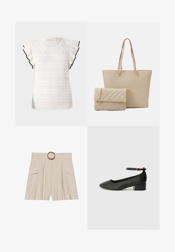 Biały sweter z dzianiny, ozdobiony teksturowym wzorem i falbaniaszczymi rękawami. Podkreślony czarnym wykończeniem wzdłuż krawędzi rękawów.; Beżowe szorty z wysokim stanem, z szerokim, płaskim paskiem, drewnianą okrągłą klamrą, plisowanym przodem i dwoma bocznymi kieszeniami. Gładka faktura materiału.; Czarne skórzane szpilki z ostrym noskiem i niskim słupkowym obcasem. Wyposażone w pasek na kostkę z złotym zapięciem. Gładka tekstura.; Beżowa torba na ramię z płaskimi uchwytami, gładką fakturą i złotymi akcentami, zestawiona z pasującą pikowaną kopertówką z łańcuszkowym paskiem.