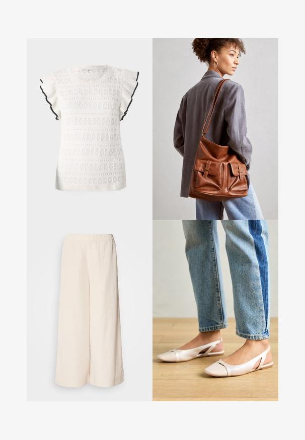 Witte gebreide top met een textuurpatroon en gerimpelde mouwen. Geaccentueerd met een zwarte rand langs de mouwranden.; Crème wijde broek met een elastische tailleband, met een ontspannen pasvorm en een gladde textuur, geschikt voor casual gebruik.; Zachtroze slingback ballerina's met een spitse neus, gemaakt van een glad leerachtig materiaal. Bevat uitsnijdingen aan de zijkanten en heeft een platte hak.; Bruin lederen emmerzak met twee voorzakken met gespsieraden. De tas heeft een gladde textuur en een verstelbare schouderriem.