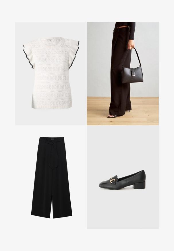 Bílé pletené tričko s texturovaným vzorem a volánovými rukávy. Ozdobené černým lemem podél okrajů rukávů.; Černé kalhoty s širokými nohavicemi, vyrobené z texturované tkaniny, s elastickým pasem a odnímatelným páskem na úpravu velikosti.; Černé kožené loferské boty s plochým podpatkem, zdobené zlatým kovovým detailem na přední straně a hladkým povrchem.; Černá kabelka se strukturovaným tvarem, hladkým povrchem a kovovým uzávěrem. Kombinována s širokými černými kalhotami a sandály s otevřenou špičkou na dřevěné podlaze.
