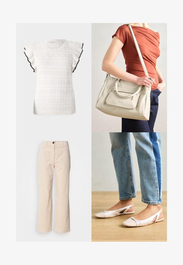 Fehér kötött felső, textúrált mintával és fodros ujjal. Fekete díszítés az ujjlenyomatok szélén.; Beige kordbársonyi nadrág egyenes lábakkal, elöl gombos záródással és oldalsó zsebekkel, fehér háttér előtt.; Világos rózsaszín slingback laposlábú cipők, hegyes orral, sima bőrhatású anyagból készült. Oldalt kivágott részletek találhatók rajta, valamint lapos sarkú.; Fehér bőr táska dupla füllel és levehető pánttal, elülső cipzáras zsebbel és sima textúrával. Egy személy karján hordva.