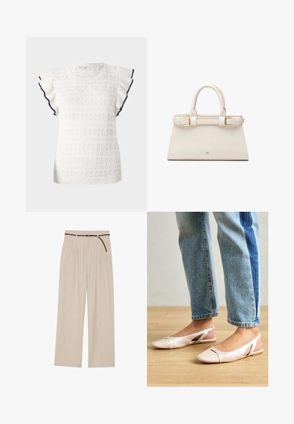 Bijela pletena majica s reljefnim uzorkom i volanastim rukavima. Istaknuta crnim rubom duž ivica rukava.; Bež hlače širokog kroja s pregibima, izrađene od lagane tkanine, s pletenim smeškim pojasom i ravnim rubom.; Svijetlo ružičaste slingback balerinke s šiljastim vrhom, izrađene od glatkog materijala nalik koži. Sadrže izrezane detalje sa strane i ravnu petu.; Strukturirana torba u krem boji od umjetne kože s zlatnim detaljima. Ima dvostruke gornje ručke i naglasak s kopčom na prednjem dijelu.