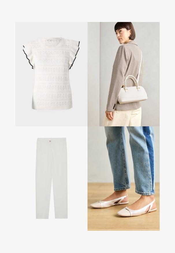 Top branco de malha com um padrão texturizado e mangas com babados. Destacado com um acabamento preto nas bordas das mangas.; Calças brancas, ajustadas, com um design de perna reta, apresentando um fecho de botão, passantes para cinto e bolsos laterais; textura de tecido suave.; Sapatilhas slingback de cor rosa pálido com bico fino, feitas de um material semelhante a couro liso. Apresentam detalhes recortados nas laterais e um salto plano.; Bolsa estruturada branca com alças curtas e uma alça de ombro, com detalhes em hardware dourado e material texturizado, exibida contra um fundo cinza.
