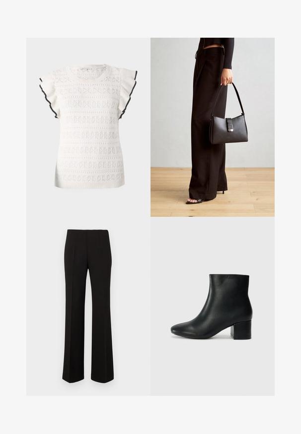 Top bianco a maglia con un motivo texture e maniche a volant. Accentuato da un bordo nero lungo i bordi delle maniche.; Pantaloni neri su misura a gamba dritta con vita alta e pieghe frontali, esposti su uno sfondo semplice.; Stivali neri in pelle fino alla caviglia con punta appuntita e tacco spesso. Texture liscia con minimi dettagli e un design elegante e aderente.; Borsa nera con forma strutturata, texture liscia e una chiusura metallica. Abbinata a pantaloni neri larghi e sandali open-toe su un pavimento in legno.
