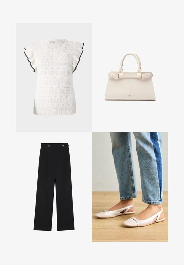 Bijela pletena majica s reljefnim uzorkom i volanastim rukavima. Istaknuta crnim rubom duž ivica rukava.; Crne hlače širokih nogavica s visokim strukom, s dugmadi na pojasu i prednjim nabora.; Svijetlo ružičaste slingback balerinke s šiljastim vrhom, izrađene od glatkog materijala nalik koži. Sadrže izrezane detalje sa strane i ravnu petu.; Strukturirana torba u krem boji od umjetne kože s zlatnim detaljima. Ima dvostruke gornje ručke i naglasak s kopčom na prednjem dijelu.