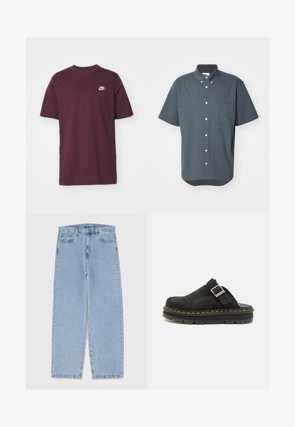 Burgundské tričko vyrobené z bavlny, s krátkými rukávy, kulatým výstřihem a bílým logem Nike na levé straně hrudníku.; Krátký rukáv košile na knoflíky v tmavě šedé barvě s texturou vafle, s kapsou na prsou a bílými knoflíky. Zaoblený spodní lem.; Světle modré džíny s rovnými nohavicemi, středním pasem, pěti kapsami a zapínáním na knoflík a zip.; Černé nubukové dřeváky s nastavitelným páskem, která mají silnou černou gumovou podrážku a kontrastní žluté prošití podél okraje.
