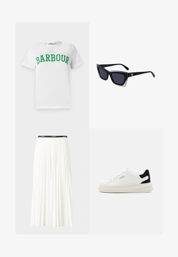 T-shirt de algodão branco com uma impressão ousada em verde "BARBOUR" em uma fonte em bloco arqueada no peito. Design clássico de gola redonda.; Saia plissada branca com uma cintura elástica preta que apresenta o logótipo "LACOSTE". Design de comprimento médio com textura suave.; Sapatilhas brancas de couro com uma sola branca espessa, detalhe em camurça preta no calcanhar e logótipo em relevo na lateral. Design com atacadores e seis ilhós.; Óculos de sol oversized pretos com forma geométrica, apresentando lentes escuras e um detalhe cinza em contraste na armação. Logotipo na haste.