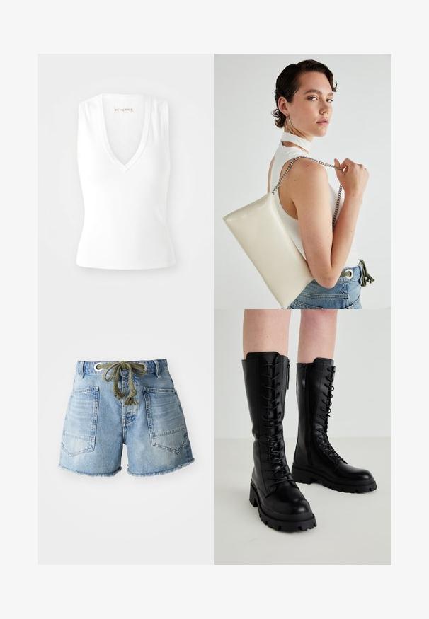 Top sin mangas blanco con escote en V, hecho de tela de canalé. Presenta un diseño ajustado y la etiqueta "WE THE FREE" en el interior.; Shorts de denim en azul claro con dobladillo deshilachado. Presenta dos bolsillos traseros y un cordón con ojales de metal plateado para un ajuste ajustable.; Botas negras de cuero hasta la rodilla con cordones en la parte delantera, cremallera lateral, suela de goma gruesa y detalles texturizados en la parte superior.; Bolso de mano rectangular blanco, hecho de un material brillante, con una cadena plateada. La modelo posa, mostrando el bolso frente a un fondo liso.