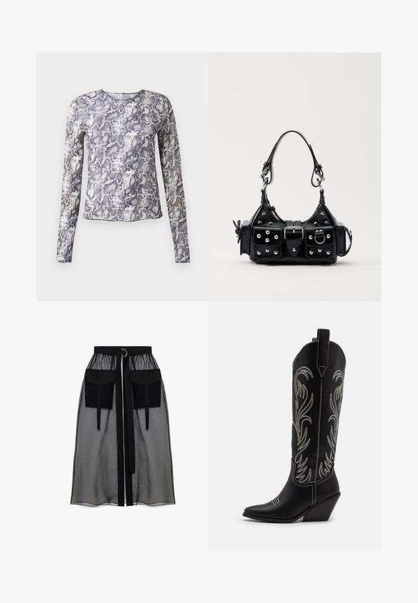 T-shirt à manches longues dans un motif serpent, avec des nuances de gris et de blanc. Fabriqué à partir d'un tissu lisse et léger avec un col rond.; Jupe noire transparente avec une taille froncée, dotée de deux grandes poches avant, d'une ceinture à nouer et d'un accent en métal circulaire.; Bottes de cowboy noires en cuir avec des pointes effilées, des talons compensés et des motifs floraux brodés en argent le long du tige. Couture contrastante sur l'ensemble.; Sac à main en cuir noir au design courbé, avec des clous en argent, une boucle et deux poches latérales. Bandoulière réglable pour différentes options de transport.