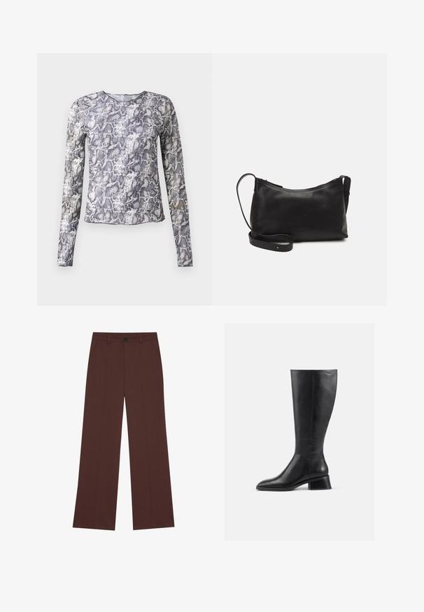 Langärmliges Oberteil im Schlangenmuster, mit Grautönen und Weiß. Hergestellt aus einem glatten, leichten Stoff mit Rundhalsausschnitt.; Weite Hose aus einem hochwertigen braunen Stoff. Mit einem Knopfverschluss, zwei frontalen Taschen, glatter Textur und klaren Linien.; Schwarze Lederstiefel bis zur Knee mit abgerundeter Spitze und niedrigem Blockabsatz. Verfügt über eine glatte Oberfläche und minimale Nahtdetails.; Schwarze Ledertasche für die Schulter mit glatter Textur, geschwungener Form, verstellbarem Tragegurt und Reißverschluss. Minimalistisches Design ohne Verzierungen.