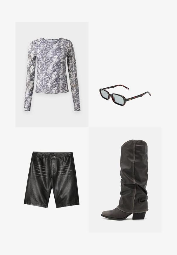Long-sleeve top in a snake print pattern, featuring shades of gray and white. Made from a smooth, lightweight fabric with a round neckline.; Black faux leather shorts featuring a smooth texture, five pockets, and subtle stripe detailing on the front. Classic straight cut design.; Gray leather calf-high boots with a slouchy design, pointed toe, and stacked heel. Notable stitching detail on the toe area.; Sunglasses with rectangular black and red patterned frames, gray lenses, and gold accent on the temple. The design is sleek and modern.; Snake-print handbag with a curved handle. Made from textured, beige and brown materials, featuring a distinctive diamond pattern.