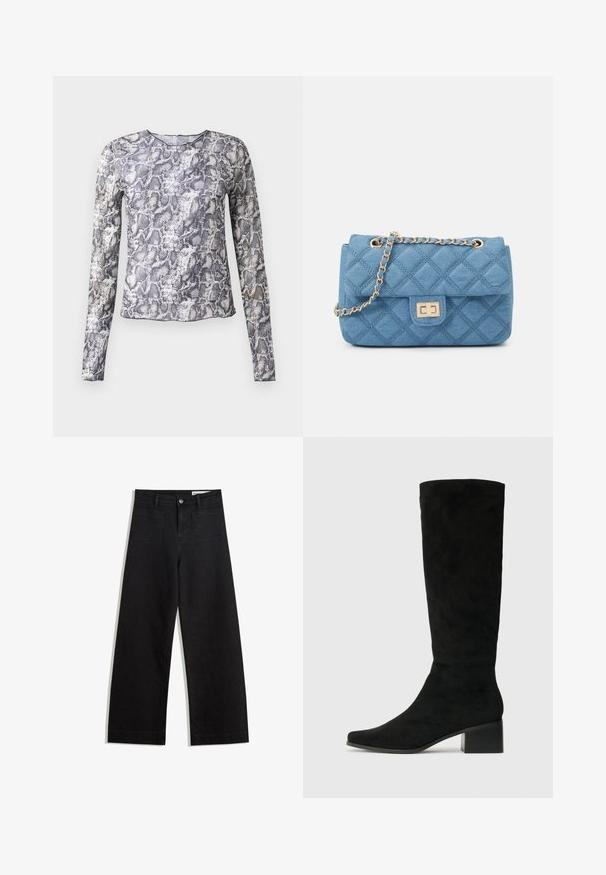 Langarmtop in een slangenprintpatroon, met tinten grijs en wit. Gemaakt van een gladde, lichtgewicht stof met een ronde halslijn.; Zwarte denim broek met wijde pijpen en een hoge taille, voorzien van voor- en achterzakken, gestikte naden en een knoopsluiting. Gladde textuur.; Kniehoge zwarte suède laarzen met een puntige neus en een chunky rechthoekige hak, met een gladde textuur en een minimalistisch ontwerp.; ONLY ONLFLORENCE CROSSBODY BAG - Schoudertas - blue denim/gold