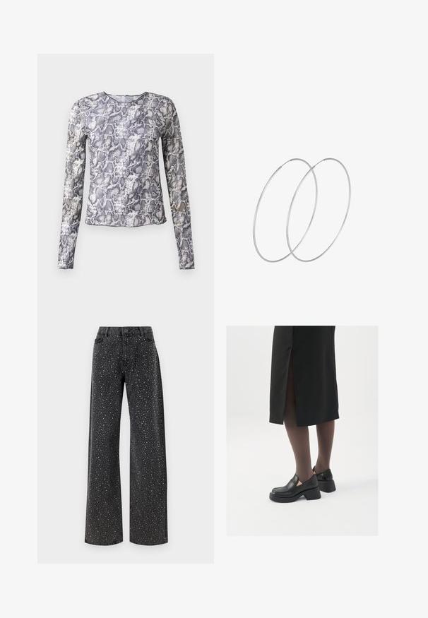 Halenka s dlouhým rukávem v hadím vzoru, který obsahuje odstíny šedé a bílé. Vyrobena z hladkého, lehkého materiálu s kulatým výstřihem.; Noisy May NMJANNEL LOOSE - Džíny Relaxed Fit - black denim; Černé kožené boty s kulatou špičkou, silným blokovým podpatkem a elastickými bočními akcenty, spárované s tmavými punčochami a černou sukní se rozparkem.; Stříbrné kruhové náušnice s minimalistickým designem. Kruh, hladký povrch a tenký profil. Lehká konstrukce s lesklým povrchem.