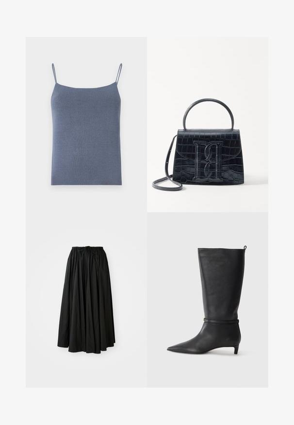 Camisola de malha azul com alças finas em espaguete e um corte justo. A textura é canelada, com um acabamento suave.; Saia preta até ao tornozelo feita de tecido leve. Apresenta uma cintura franzida com cordão para ajuste e uma silhueta evasé. ; Bota preta de couro até ao joelho com bico fino, realçada por uma tira circular ao redor do tornozelo e um salto baixo e afunilado. Textura suave.; Bolsa de pele preta com estampa de crocodilo, de design estruturado, com alça de mão, correia ajustável e um detalhe de logotipo em destaque na frente.