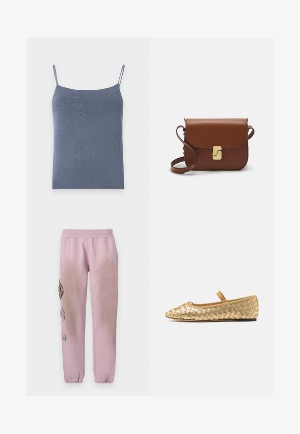 Mėlynas megztas camisole tipo viršus su plonomis spaghetti petnešėlėmis ir prigludusia siluetu. Audinys yra lygus, su įribuotais raštais.; Rožinės sportinės kelnės su elastinga juosta, kairėje pusėje dekoruotos rombo formos aplikacijomis ir elastingais užkulniais.; Loeffler Randall LEONIE SOFT BALLET FLAT - Balerinos tipo bateliai su dirželiu ties kulkšnimi - gold; Ruda odinė rankinė su uždaromu dangteliu, aukso spalvos detalėmis, petneša ir lygiu paviršiumi. Kompaktiška stačiakampio formos.