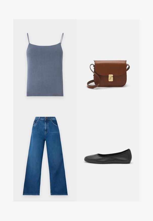 Top de camizolă tricotat albastru cu bretele subțiri și o siluetă ajustată. Textura este ribbed, având o finisare netedă.; Jeans cu picioare largi din denim albastru închis, cu talie înaltă, având buzunare frontale și posterioare, precum și detalii cu cusături în contrast.; Balerini din piele neagră, cu vârf rotund, textură netedă, detalii de cusătură minimale și un design al tălpii flexibil.; Geantă de piele maro cu închidere tip capac, accesorii de culoare aurie, curea de umăr și o textură netedă. Formă compactă și rectangulară.