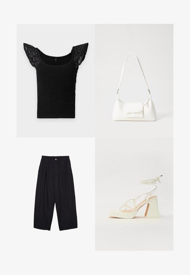 Top nero con corpino arricciato e maniche a volant in pizzo. Il tessuto è texturizzato con un motivo arricciato, che aggiunge interesse visivo.; Pantaloni culotte neri in poliestere con una cintura elastica, due pieghe frontali e una silhouette ampia. Nessun motivo visibile o dettagli in metallo.; Sandalo bianco con tacco alto, caratterizzato da un design a cinturini e un legaccio alla caviglia. Texture liscia con una piattaforma frontale per un'altezza aggiuntiva.; Borsa sintetica bianca a forma triangolare, con patta anteriore piatta e dettaglio a fiocco, tracolla regolabile, texture liscia e design minimalista.