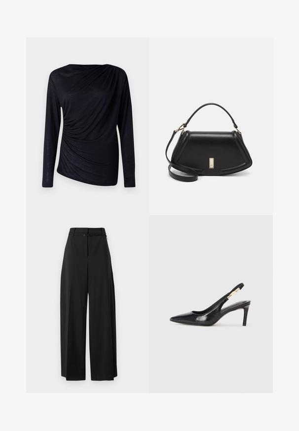 Mustad mustade pikade varrukatega tipp, mis on valmistatud kergest kangast ja millel on volditud disain, millel on kogunenud detailid vasakul küljel.; Mustad laiad püksid kõrge vöökoht ja vööga. Omavad siledat tekstuuri ja puhtaid jooni, disainitud lõdva istumise jaoks.; Must musta slingback kõrge kontsaga king, millel on terav nina, sile tekstuur ja kitsas pahkluu rihm, millel on kuldsete detailidega aksessuaarid.; Must mustrist käekott, millel on struktureeritud disain, lühendatud kuju, ülemine käepide ja kuldne metallist detail. Reguleeritav õlalihm on kaasas.