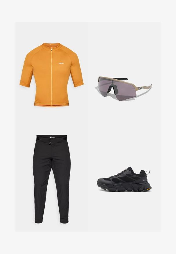 POC THERMAL LITE - Maillot de cycliste - bauxite brown; Pantalons noirs d'extérieur en matériau léger. Présentent un design ajusté, deux boutons à la taille et des poches avant. Texture lisse.; Baskets de sport noires avec une semelle épaisse, tige en mesh et synthétique, accents texturés et marque Vibram sur la semelle extérieure.; Oakley SUTRO LITE SWEEP UNISEX - Lunettes de soleil - prizm road black