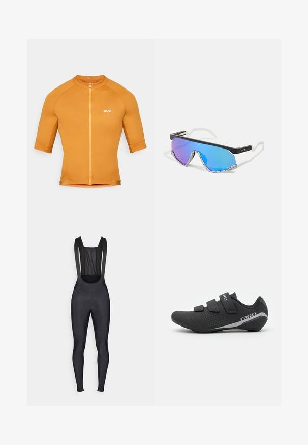 POC THERMAL LITE - Maillot de cycliste - bauxite brown; Cuissards de cyclisme noirs avec bretelles, dotés d'un panneau arrière en mesh et d'une zone rembourrée pour le confort pendant les trajets.; Giro STYLUS - Chaussures de cyclisme - black; Lunettes de sport avec une monture noire, des accents blancs et des verres miroitants dégradés bleus. Branches texturées avec un motif blanc et noir.