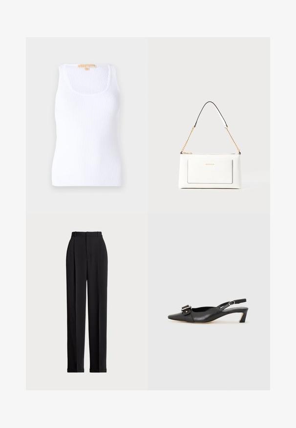 Camisola sem mangas branca com decote em forma de U, feita de material macio. O design apresenta uma forma ajustada e uma textura subtil em todo o tecido.; Calças pretas ajustadas com uma cintura alta, apresentando pregas na frente, um design de perna reta e bainha com punho. Feitas de tecido suave.; Sandal com correia preta em pele, com bico fino, pequeno salto e detalhe de fivela decorativa na parte superior. Textura suave, design minimalista.; Bolsa de mão branca em couro com acabamento texturizado, featuring a corrente dourada e detalhes pretos. Inclui um bolso frontal e fecho com zipper.