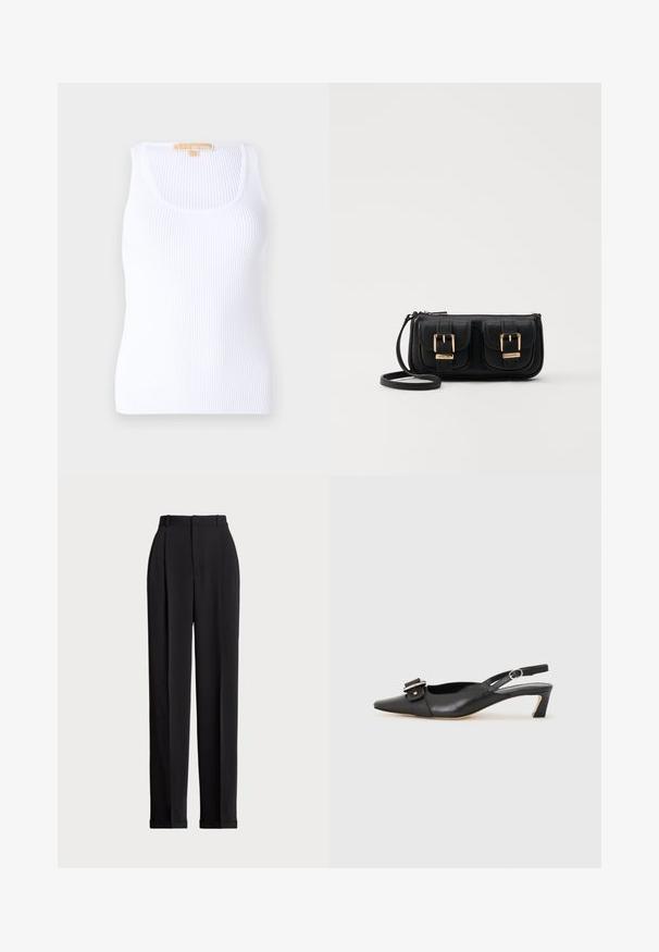Camiseta sin mangas blanca de canalé con escote redondeado, hecha de material suave. El diseño presenta una forma ajustada y una textura sutil en toda la tela.; Pantalones negros a medida con una cintura alta, que cuentan con pliegues en la parte delantera, un diseño de pierna recta y dobladillo con vuelta. Fabricados con un tejido suave.; Zapato slingback de cuero negro con punta afilada, tacón pequeño y detalle de hebilla decorativa en la parte superior. Textura suave, diseño minimalista.; Bolso cruzado de cuero negro con dos bolsillos frontales, hebillas doradas, cierre de cremallera y una correa delgada. Superficie texturizada y forma rectangular compacta.