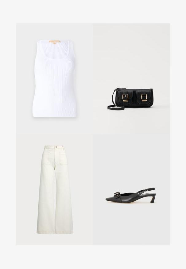 White ribbed tank top with a scoop neckline, made of soft material. The design features a fitted shape and subtle texture throughout the fabric.; Wide-leg jeans in off-white denim. High-waisted design with a button closure, two front pockets, and contrast stitching details.; Black leather slingback shoe with pointed toe, small heel, and decorative buckle detail on the upper. Smooth texture, minimalistic design.; Black leather crossbody bag with two front pockets, gold buckles, zipper closure, and a slim strap. Textured surface and compact rectangular shape.