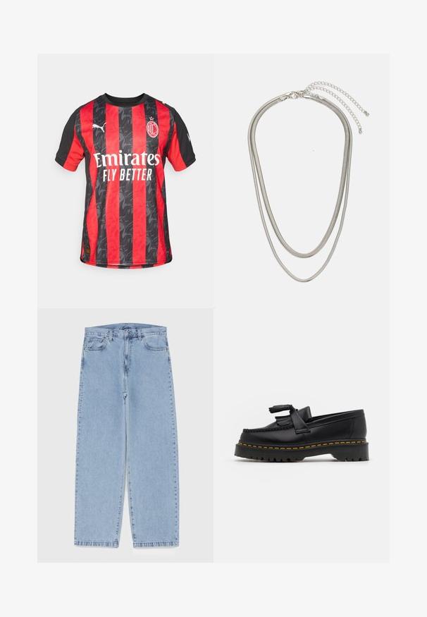 AC Milan mez vörös és fekete függőleges csíkokkal, texturált mintával, kerek nyakkal és Puma logóval a jobb ujján.; Világoskék farmernadrág egyenes szárú kivitelben, közepes derékkal, öt zsebbel, gombos és cipzáros záródással.; Fekete bőr mokaszin, rojtos díszítéssel, masszív fekete talppal és sárga varrással az élén. Texturált felület.; Háromrétegű ezüstszínű fém nyaklánc, letisztult, rugalmas láncokkal, enyhe fényességgel, homárkapoccsal rögzítve és állítható lánccal.
