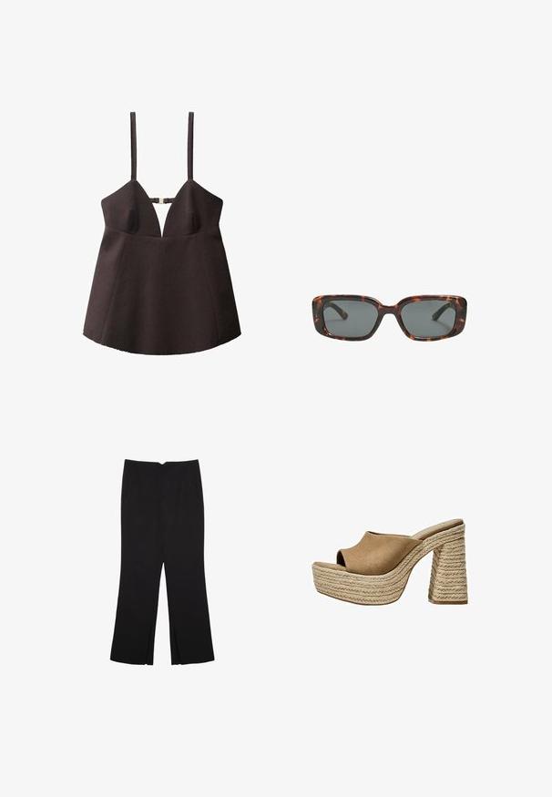 Czarny bezrękawnik z głębokim dekoltem w kształcie litery V, wykonany z usztywnionego materiału, z centralnym zapięciem oraz rozkloszowanym dołem.; Czarne spodnie o prostym kroju, z przednimi kieszeniami i bocznymi rozcięciami na dole. Wykonane z miękkiego, gładkiego materiału. Odpowiednie na różne okazje.; Brązowe zamszowe mule na platformie z otwartym noskiem, z grubo plecioną jutową obcasem i gładkim, zaokrąglonym górnym fasonem.; Okulary przeciwsłoneczne w kratkę w kształcie prostokątnym, z grubymi oprawkami i ciemnymi szkłami. Gładka faktura i minimalistyczny design.