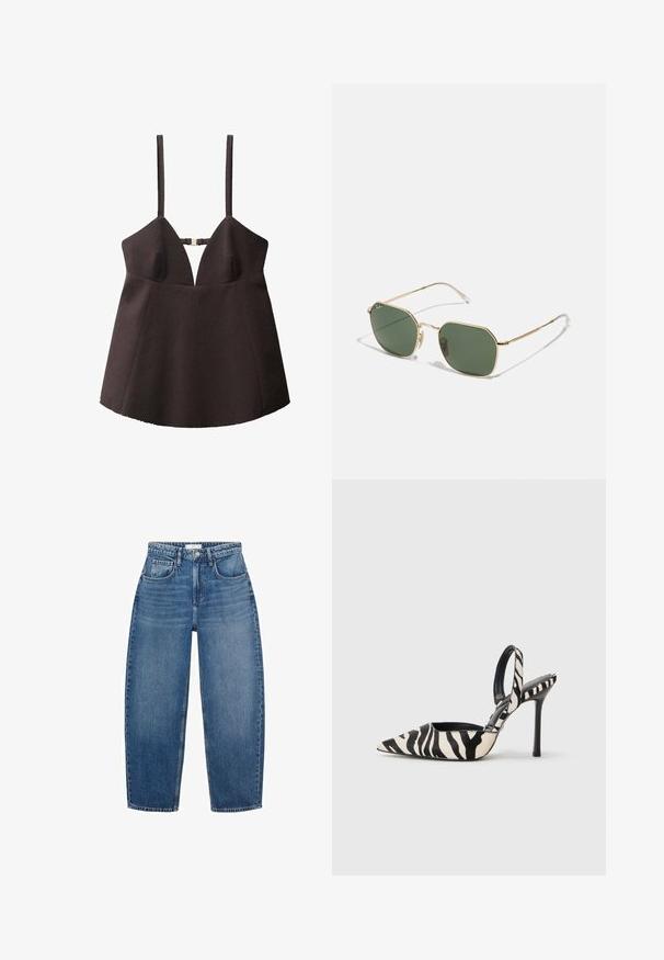 Top negru fără mâneci, cu decolteu adânc în V, realizat dintr-un material structurat, având un sistem de prindere central și un hem evazat.; Blugi din denim albastru cu talie înaltă și croială dreaptă, având cinci buzunare, pasaje pentru curea și decolorări subtile pentru o textură suplimentară.; Cizma cu vârf ascuțit și spate descoperit, în imprimeu zebra alb-negru, având un toc subțire și înalt și un interior negru.; Ochelari de soare cu ramă aurie și lentile verzi, având o formă octagonală, brațe subțiri și vârfuri transparente. Design minimalist și accente de hardware.