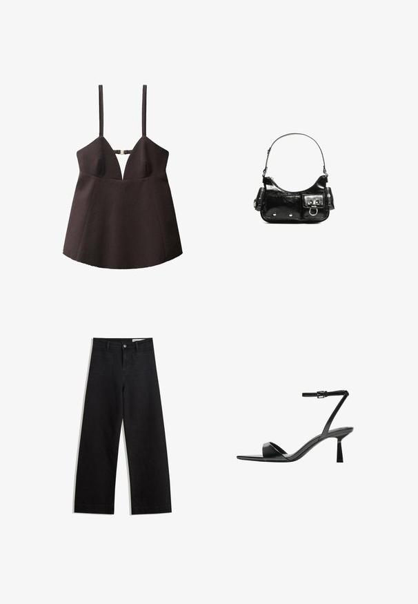 Černý bezrukávový top s hlubokým V výstřihem, vyrobený z pevné tkaniny, s centrálním kovovým zapínáním a rozšířeným spodním okrajem.; Černé denimové kalhoty s volným střihem a vysokým pasem, vybavené předními a zadními kapsami, prošívanými švy a knoflíkovým zapínáním. Hladká textura.; Bershka Sandály na vysokém podpatku - black; Černá lakovaná kožená kabelka s křivkovým tvarem, jedním ramenním popruhem, předními kapsami a stříbrnými kovovými detaily.