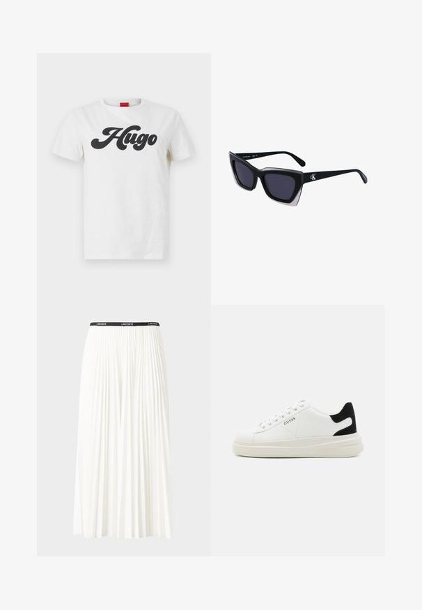 Biała bawełniana koszulka z krótkim rękawem z dużym czarnym logo "Hugo" nadrukowanym z przodu. Klasyczny krój z okrągłym dekoltem.; Plisowana biała spódnica z czarnym elastycznym pasem z logo "LACOSTE". Średniej długości, o miękkiej teksturze.; Białe skórzane sneakersy z grubą białą podeszwą, czarnym zamszowym akcentem na pięcie oraz wytłoczonym logotypem z boku. Projekt z sznurówkami i sześcioma dziurkami.; Czarne, oversize okulary przeciwsłoneczne o geometrycznym kształcie, z ciemnymi soczewkami i kontrastującym szarym detalem na oprawie. Logo na ramieniu.