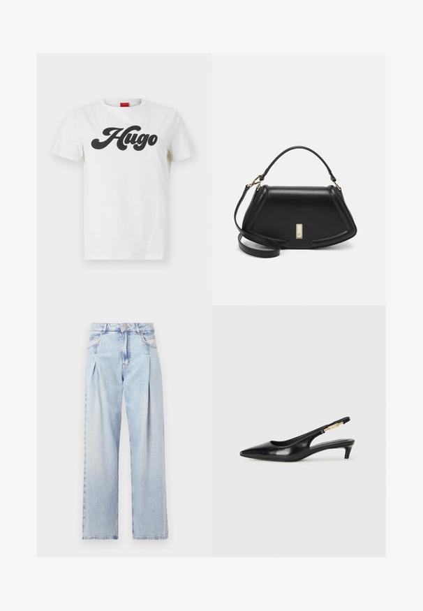 Valge puuvillane T-särk lühikeste varrukatega, millel on ees suur must "Hugo" logo. Klassikaline ümar kaeluse disain.; Heledad sinise denimist valmistatud teksapüksid kõrge vöökohaga, laia jala lõikega, kahe külje taskuga ja pleedi disainiga. Pehme tekstuur ja pleekinud viimistlus.; Mustad nahast slingback kontsad terava ninaga, millel on õhuke konts ja kuldse tooni aktsent reguleeritaval rihmal. Sile tekstuur.; Must mustrist käekott, millel on struktureeritud disain, lühendatud kuju, ülemine käepide ja kuldne metallist detail. Reguleeritav õlalihm on kaasas.