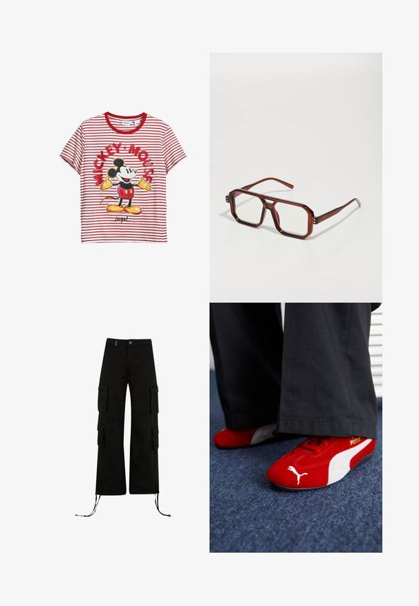 Rood-wit gestreept T-shirt van katoen, met een afbeelding van Mickey Mouse met gele handschoenen, zwarte oren en een handtekening.; Zwarte cargobroek met een relaxte pasvorm, met cargozakken aan de zijkanten, koordjes aan de onderkant en een knoopsluiting in de taille.; Rode suède sneakers met witte accenten, met een textuurmateriaal, ronde neus en een gouden logo aan de zijkant, gedragen met zwarte broek.; Bruine transparante oversized brillen met rechthoekige lenzen en slanke armen. Gehoekte, licht afgeronde hoeken en zichtbare hardwareaccenten.