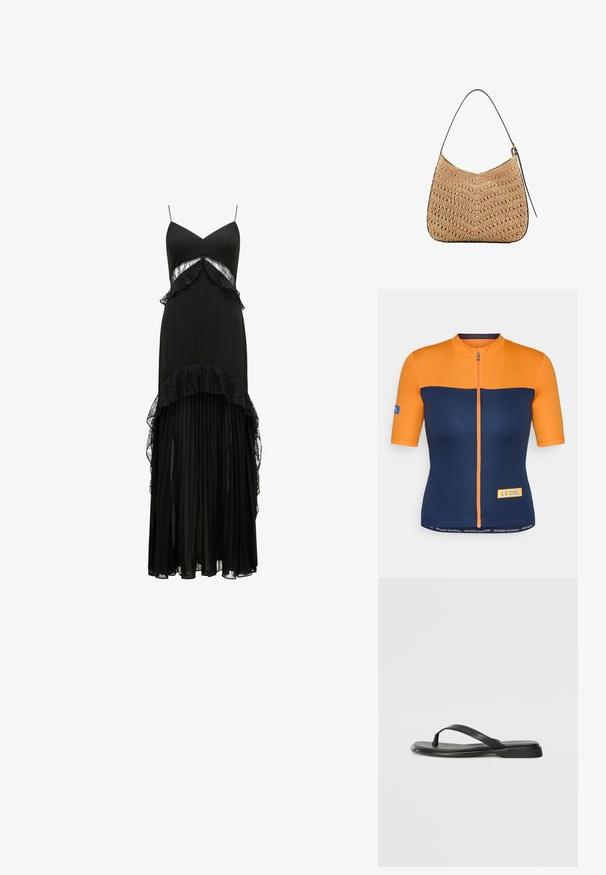 Kratký rukáv cyklistický dres v oranžové a námořnické modři, s předním zipem, akcenty s logem a kontrastními panely s hladkým povrchem.; Černé maxi šaty s tenkými ramínky, krajkovými detaily, vrstvenými volánky v pase a skládáním na sukni. Hladká textura, elegantní silueta.; Černé žabky vyrobené z hladké kůže, s tenkým designem popruhu a plochou podrážkou s minimálním profilem. Žádné výrazné vzory ani akcenty.; Tkaná slaměná taška na rameno s zakřiveným tvarem, která má tmavý kožený popruh a texturovaný povrch s chevronovým vzorem.