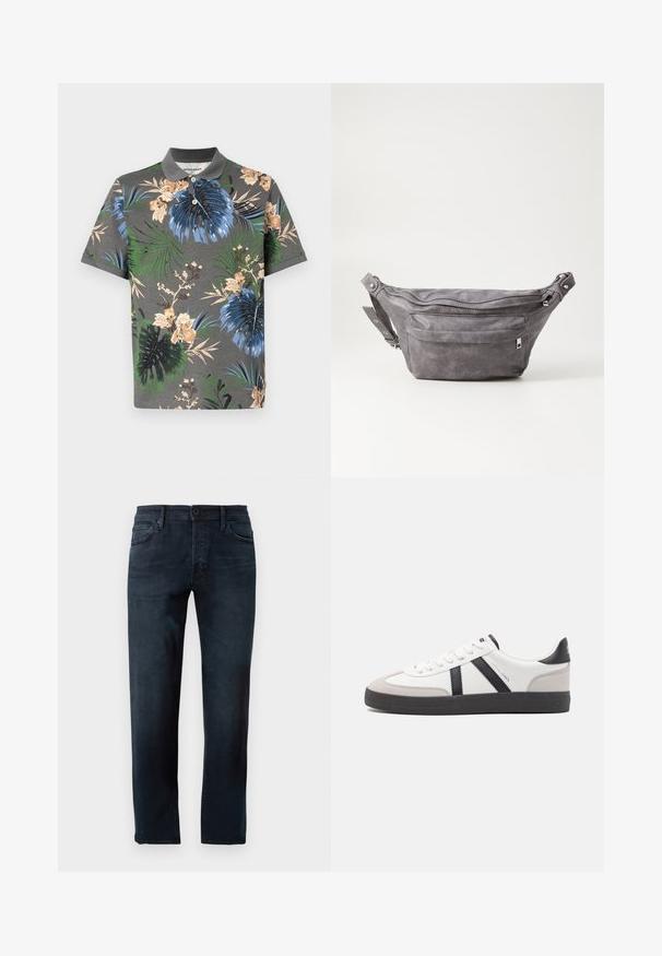 Lühikese varrukaga polo särgis hallis värvitoonis on erksate lillede ja lehtede mustrid sinise, rohelise ja beeži toonides. Särgil on kontrastne krae ja nööpide rida.; Tume sinised teksad, valmistatud denimpurust, sirge jala kujundusega, ees nupuga ja tõmblukuga sulgemine ning viis taskut.; Valged tossud mustade ja hallide aktsentidega, tekstureeritud halli varbakattega, musta kummitald ja lamedad valged paelad. Puhtad jooned, minimalistlik stiil.; Hallikate nahast vöö kott, millel on ümar kuju, kaks tõmblukuga taskut ning reguleeritav rihm. Varustatud metallist detailide aktsentidega.