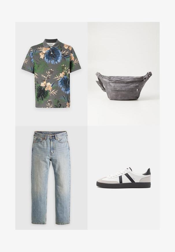 Koszulka polo z krótkim rękawem w kolorze szarym, ozdobiona wyraźnymi wzorami kwiatów i liści w kolorach niebieskim, zielonym i beżowym. Posiada kontrastowy kołnierz i plisę z guzikami.; Jasnoniebieskie dżinsy z wysokim stanem, z guzikiem z przodu, zamkiem błyskawicznym i pięcioma kieszeniami, ułożone na płasko na neutralnym tle.; Białe sneakersy z czarnymi i szarymi akcentami, z teksturowanym szarym czubkiem, czarną gumową podeszwą i płaskimi białymi sznurowadłami. Czysty design, minimalistyczny styl.; Szara zamszowa saszetka biodrowa o zaokrąglonym kształcie, z dwoma zasuwanymi komorami i regulowanym paskiem. Wyróżnia się metalowymi akcentami.